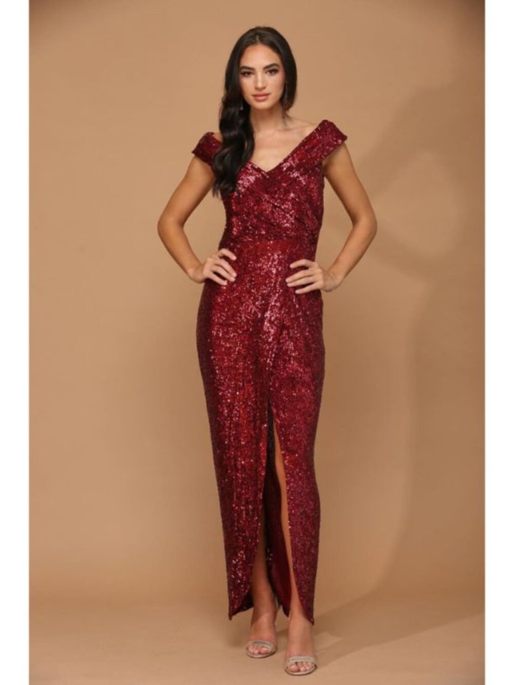 Clearance Burgundy Size S Off-Shoulder Formal Evening Gown By Eva USA 3441